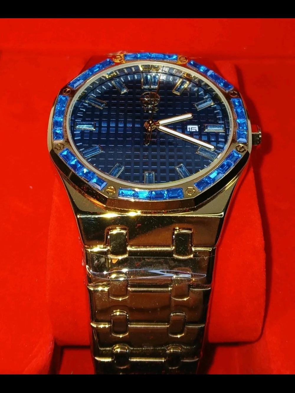 AJ VIP High Quality Mens Gold Tone Watch Blue Bezel Dial Date New With Box Tag